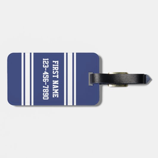 Étiquette À Bagage Bleu et blanc avec nom et numéro (Dos horizontal)