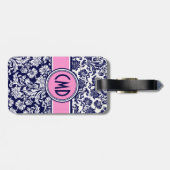 Étiquette À Bagage Bleu et blanc Fleur Damas Accents rose 3 (Dos horizontal)
