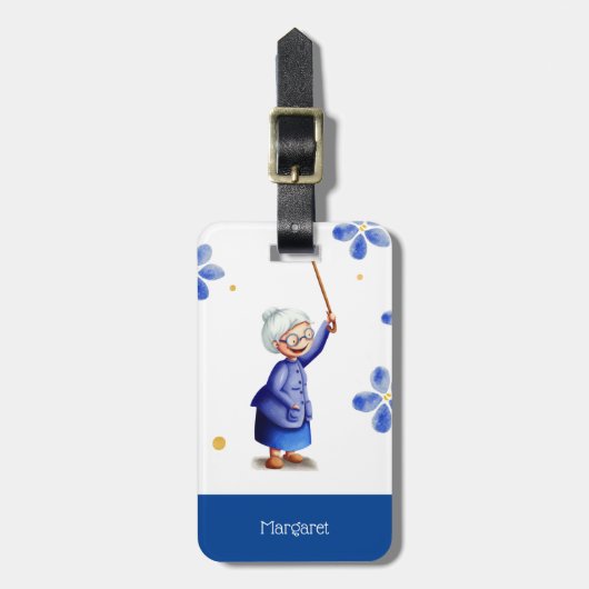 Étiquette À Bagage Bleu Floral Aquarelle Grand-mère (Devant Vertical)