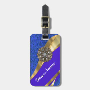 Étiquette À Bagage Bleu floral damas & ruban doré