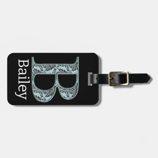 Étiquette À Bagage Bleu Floral Damask Imprimer B monogramme initiales (Devant horizontal)