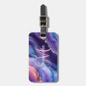 Étiquette À Bagage Bleu foncé et rose Agate (Devant Vertical)