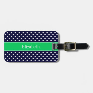 Étiquette À Bagage Bleu Marine Points Blancs Vert Emeraude Monogramme