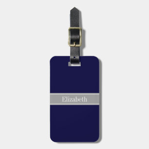 Étiquette À Bagage Bleu marine uni, monogramme avec ruban gris foncé