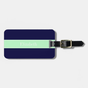 Étiquette À Bagage Bleu marine uni, monogramme avec ruban menthe