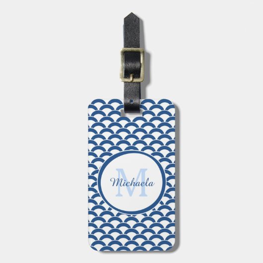 Étiquette À Bagage Bleu moderne et le blanc crante le monogramme et (Devant Vertical)
