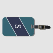 Étiquette À Bagage Bleu monogramme vert et bande géométrique marine (Devant Horizontal)