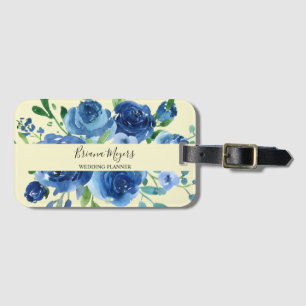 Étiquette À Bagage Bleu Nuit Aquarelle Moderne Floral Jaune