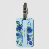 Étiquette À Bagage Bleu Nuit Aquarelle Moderne Floral Script (Devant Vertical)