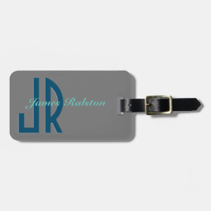 Étiquette À Bagage Bleu Océan, Gris & Monogramme Sarcelle, Personnali