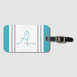 Étiquette À Bagage Bleu océanique et rayures grises monogrammes