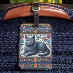 Étiquette À Bagage Bleu russe réaliste Chat Colorful Frontière floral