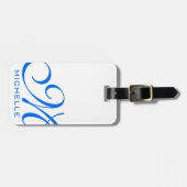 Étiquette À Bagage Bleu Script Monogramme Blanc (Devant horizontal)