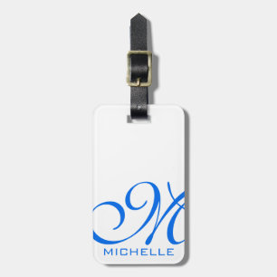 Étiquette À Bagage Bleu Script Monogramme Blanc