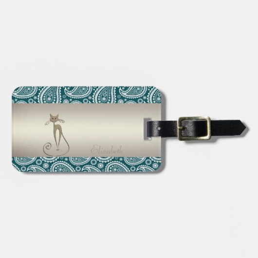 Étiquette À Bagage Bleu Turquoise adorable, Blancs, Chat - Personnali (Devant horizontal)