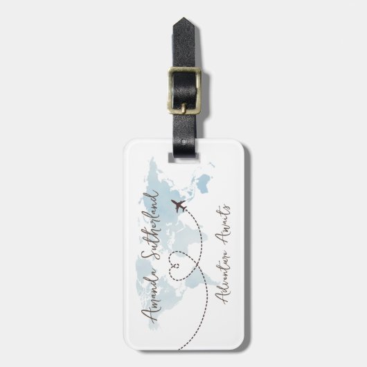 Étiquette À Bagage bleu Word Map Adventure Await Nom personnalisé (Devant Vertical)