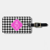 Étiquette À Bagage Blk Wht Houndstooth Hot Rose Quatrefoil 3 Monogram (Devant horizontal)