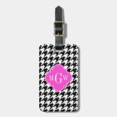 Étiquette À Bagage Blk Wht Houndstooth Hot Rose Quatrefoil 3 Monogram (Devant Vertical)