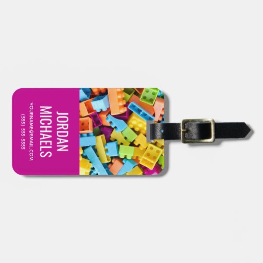 Étiquette À Bagage Blocs en plastique néon | Ajouter Votre Nom (Devant horizontal)