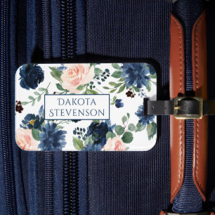 Étiquette À Bagage Blooms Chics Monogramme floral bleu marine et bl