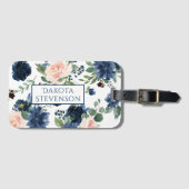 Étiquette À Bagage Blooms Chics | Monogramme floral bleu marine et bl (Devant Horizontal)