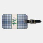 Étiquette À Bagage Blue and Green Gingham Plaid Tartan Monogram (Devant horizontal)