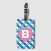 Étiquette À Bagage Blue and White Plaid Checked Pink Monogram (Devant Vertical)
