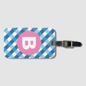 Étiquette À Bagage Blue and White Plaid Checked Pink Monogram (Devant Horizontal)