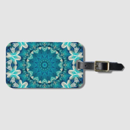 Étiquette À Bagage Blue Aqua Mandala Rosette Retro Hippie (Devant Horizontal)