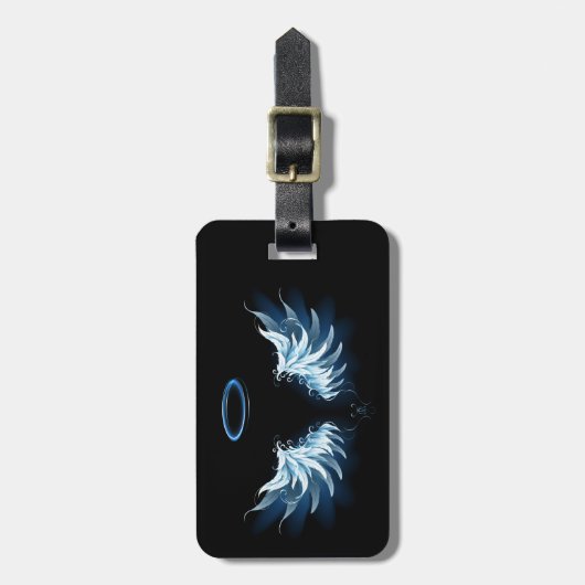 Étiquette À Bagage Blue Glowing Angel Wings on black background (Devant Vertical)