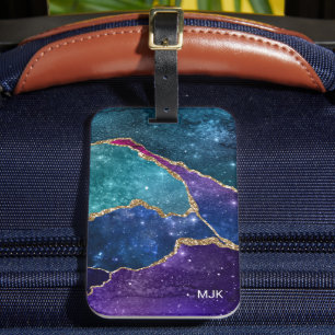 Étiquette À Bagage Blue Purple Aqua Gold Veines Agate Monogramme