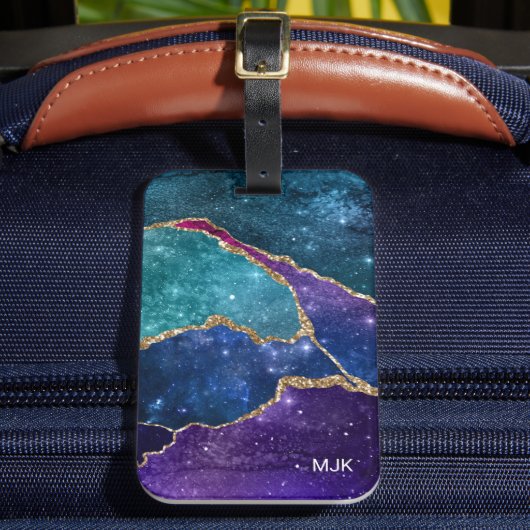 Étiquette À Bagage Blue Purple Aqua Gold Veines Agate Monogramme (Insitu Rectoal 2)