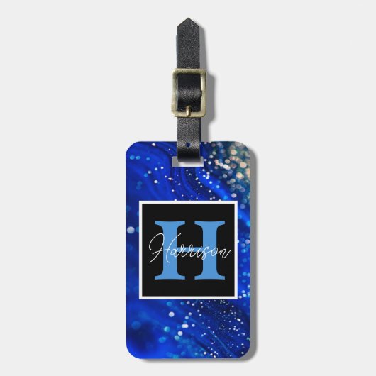 Étiquette À Bagage Blue Shimmer Name & Monogram (Devant Vertical)