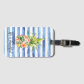 Étiquette À Bagage Blue White Stripes Tropical Floral Pineapple (Devant Horizontal)