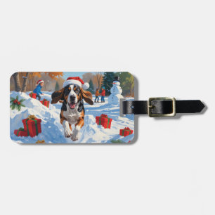 Étiquette À Bagage Bluetick Coonhound courant dans la neige avec Noël
