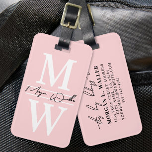 Étiquette À Bagage Blush Rose Élégant Monogramme Nom