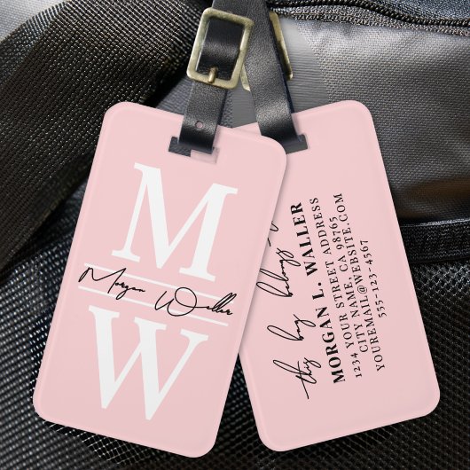 Étiquette À Bagage Blush Rose Élégant Monogramme Nom