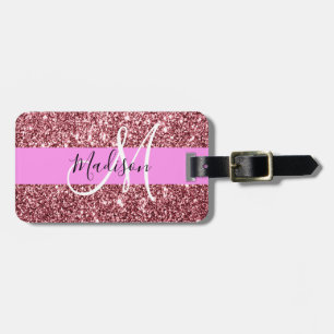 Étiquette À Bagage Blush Rose Glitter Monogramme Rose Doré Pailleté
