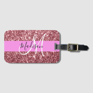 Étiquette À Bagage Blush Rose Glitter Monogramme Rose Doré Pailleté