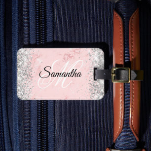 Étiquette À Bagage Blush Rose Pailleté Marbre Argenté