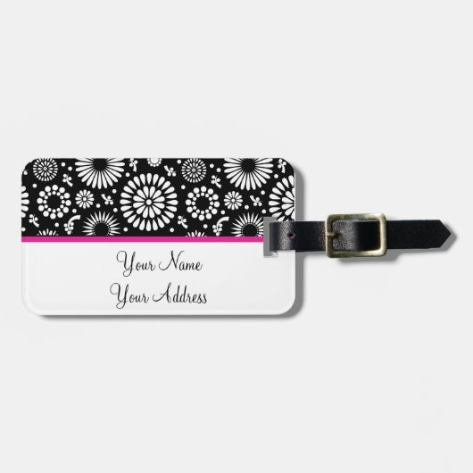 Étiquette À Bagage Boho fleurs Motif floral vectoriel noir et blanc (Devant horizontal)