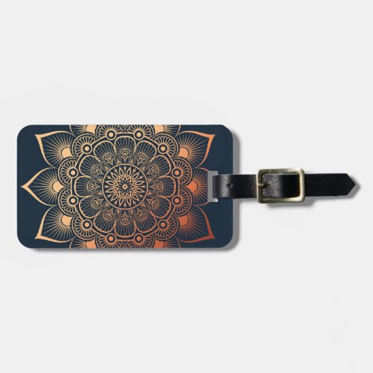 Étiquette À Bagage Boho Navy Blue Peach Mandala (Devant horizontal)