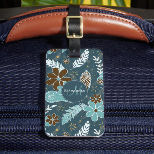 Étiquette À Bagage Boho plumes doodle fleurs turquoise turquoise brun