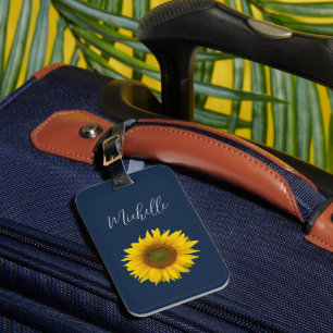 Étiquette À Bagage Boho Sunflower Personnalisé Elégant bleu marine