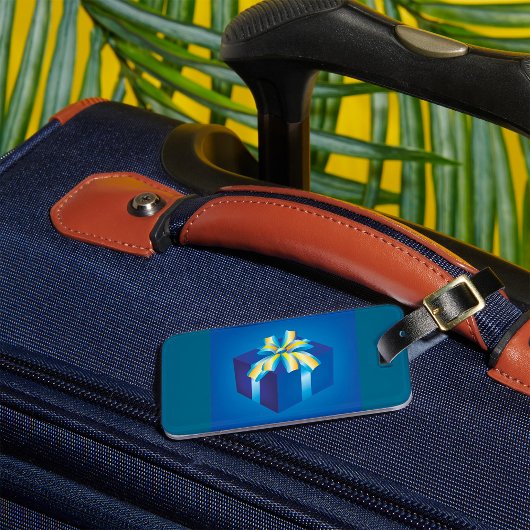 Étiquette À Bagage Boîte cadeau bleu avec ruban jaune et Aqua