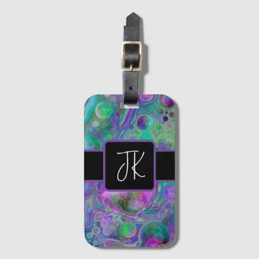 Étiquette À Bagage Bokeh en marbre violet, vert et bleu fluidisé (Devant Vertical)
