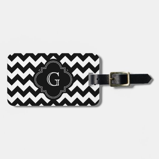 Étiquette À Bagage Bold Black White Chevron Zig Zag Pattern Monogram (Devant horizontal)