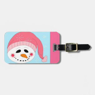 Étiquette À Bagage Bonhomme de neige avec un chapeau rose