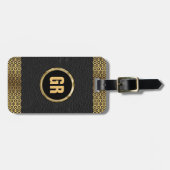 Étiquette À Bagage Bordure géométrique en cuir noir (Devant horizontal)