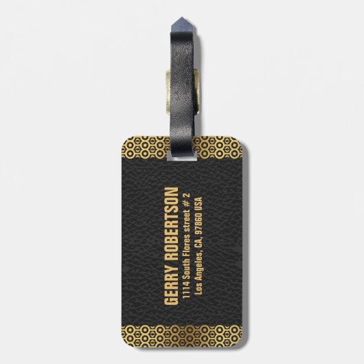 Étiquette À Bagage Bordure géométrique en cuir noir (Dos Vertical)